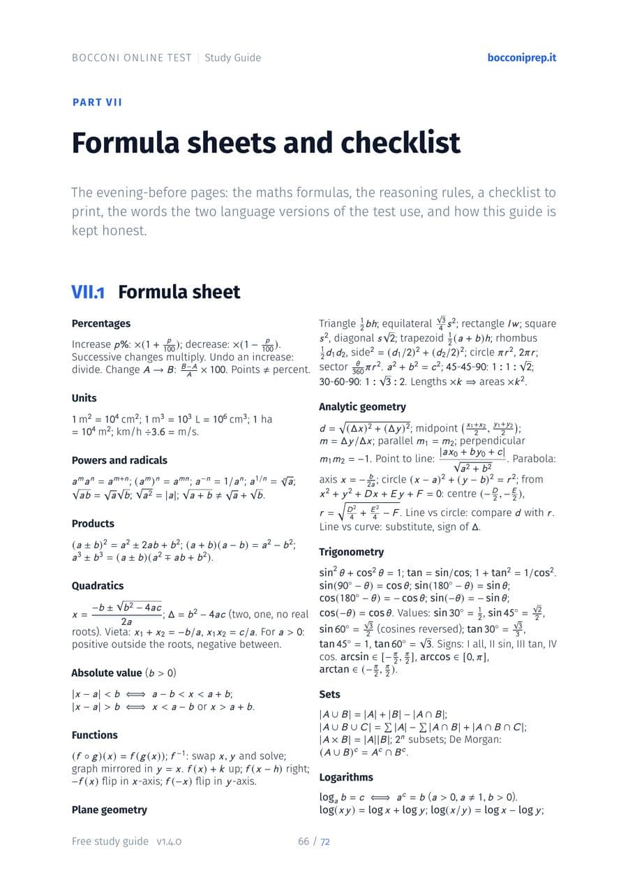 The formula sheet that opens Part VII